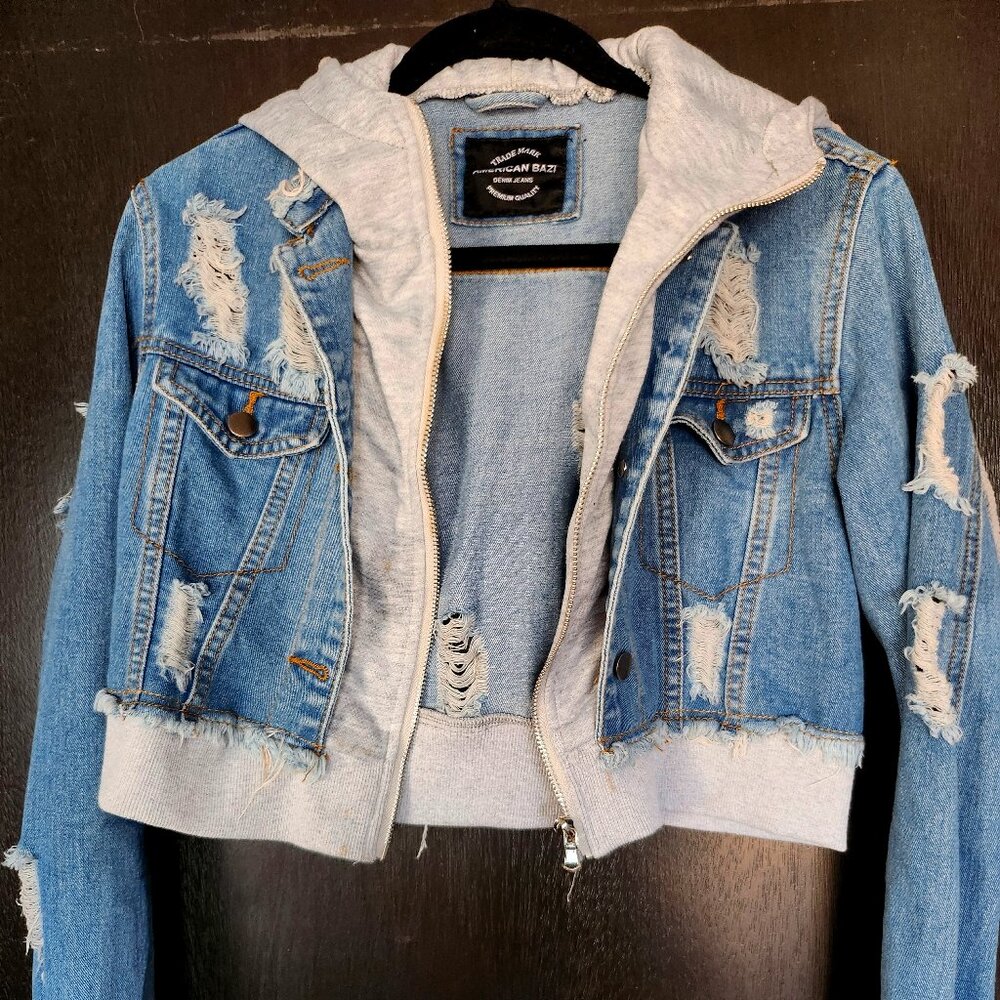 American Bazi cropped Jean Jacket with Sweatshirt trim and Hoodie - M